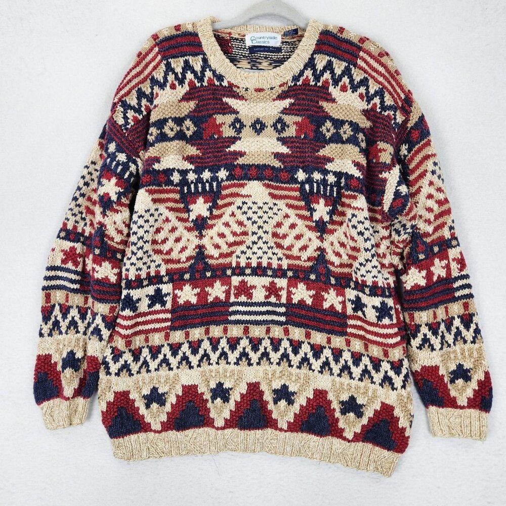 Vintage Sweater Mens Large Tan Red Blue Patriotic Knit 90s Countryside Classics